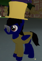 A colored tophat being worn by a pony
