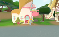 Small Change is located in front of a pink and brown house around Ponydale's town hall